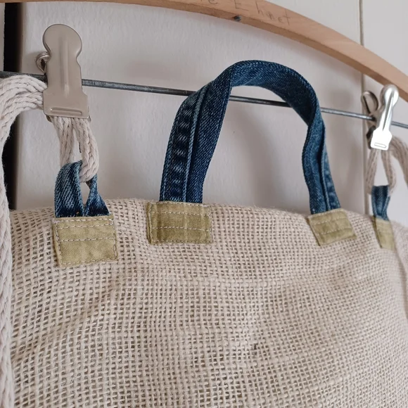 Handmade and Designed Denim and Burlap Backpack, Rucksack, Unique, Upcycled - Picture 4 of 10